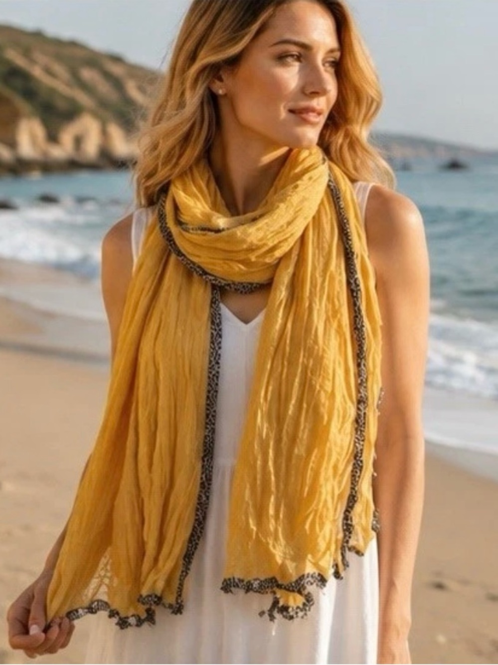Lightweight Yellow Women's Scarf with Leopard Trim